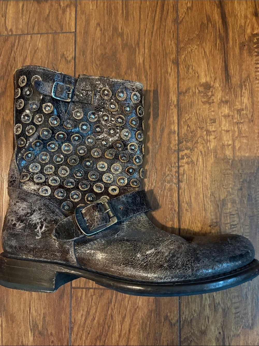 VINTAGE FRYE Jenna Disc Studded Moto Boots Distressed Brown Leather 9.5 B